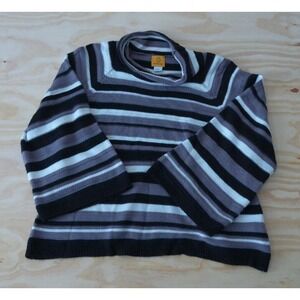 Ruby Red Striped Sweater Womens Large Acrylic Wide Long Sleeve Black Grey White